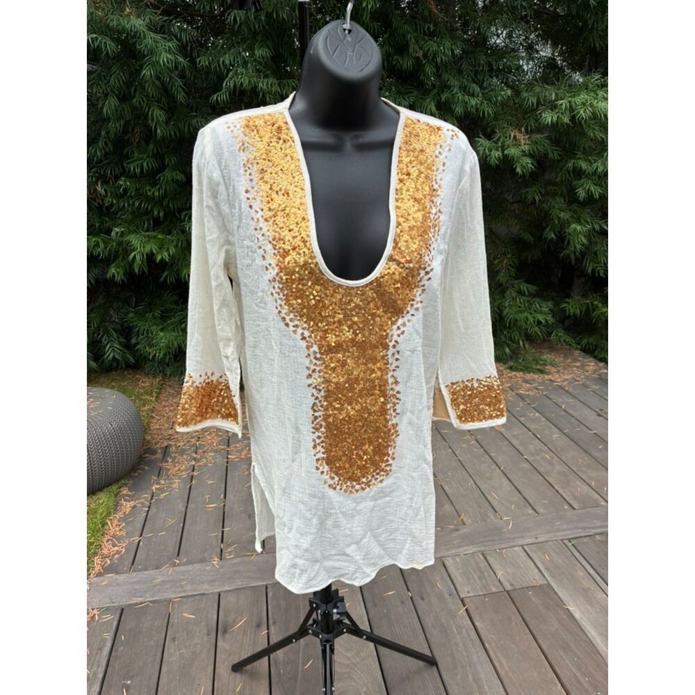 Gold Sequin White Cotton Gauze Tunic top with deep U-neck
